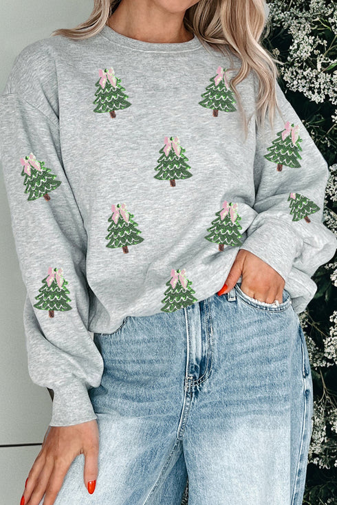 Sequin Bow Topped Tree Patch Scatter Crew Sweatshirt