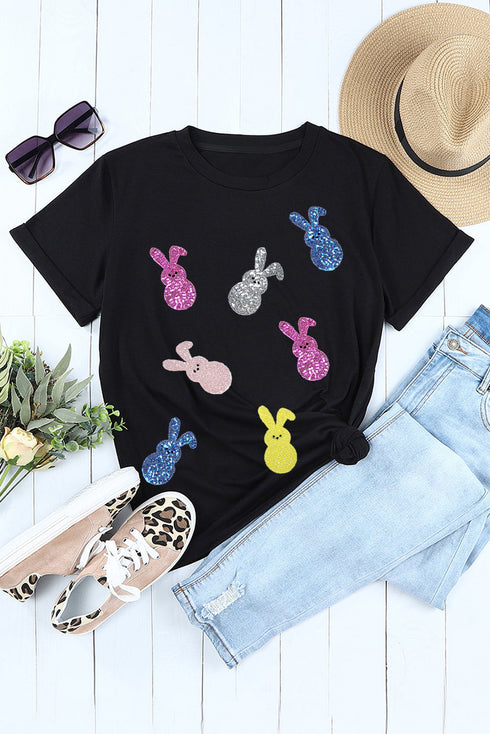 Sequin Bunny Doll Graphic Short Sleeve Crew Neck Tee
