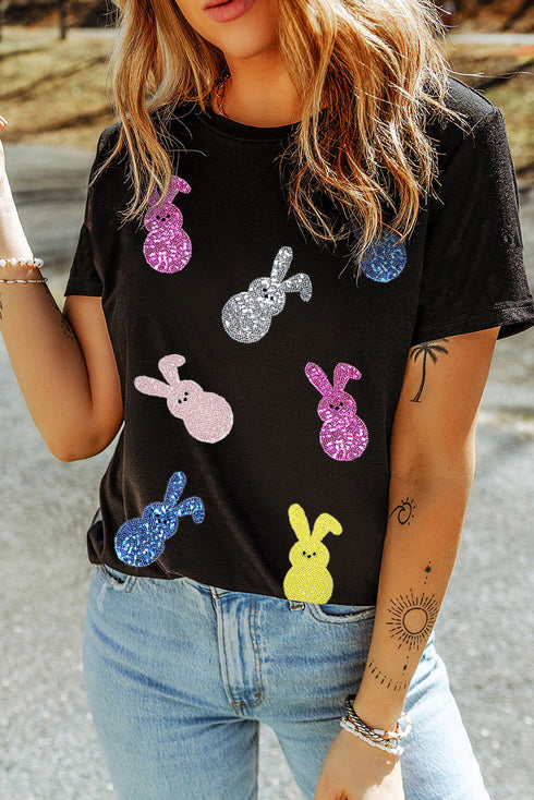 Sequin Bunny Doll Graphic Short Sleeve Crew Neck Tee