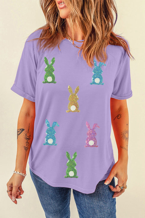 Sequin Bunny Patch Embellished Casual Graphic Tee