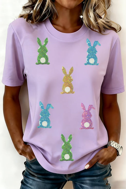 Sequin Bunny Patch Embellished Casual Graphic Tee