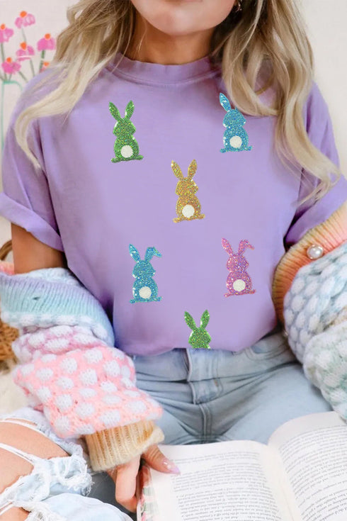 Sequin Bunny Patch Embellished Casual Graphic Tee