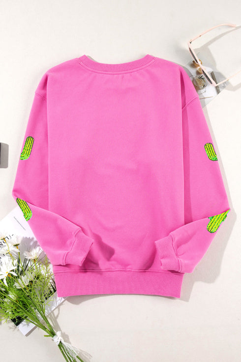 Sequin Cactus Motif Relaxed Fit Pullover Sweatshirt