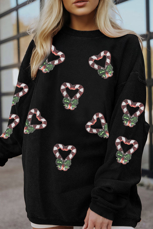 Sequin Candy Cane Heart Corded Drop Shoulder Sweatshirt