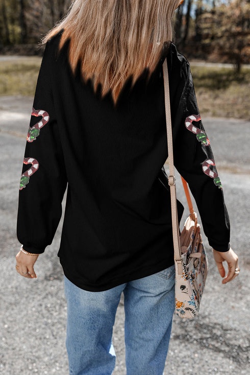 Sequin Candy Cane Heart Corded Drop Shoulder Sweatshirt