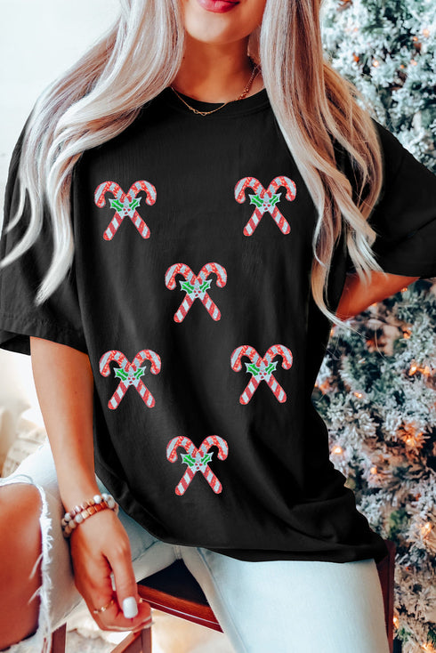 Sequin Candy Cane Holly Allover Graphic Crewneck Relaxed Fit Tee
