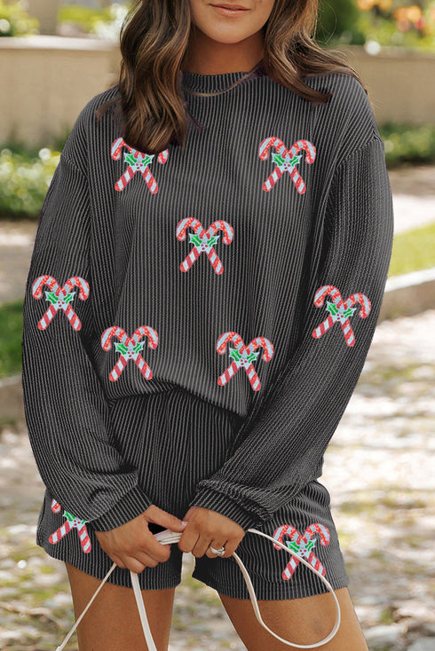 Sequin Candy Cane Ribbed Crew Neck Drop Shoulder Long Sleeve Shorts Set