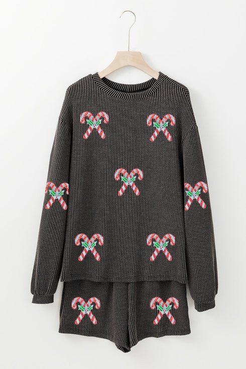 Sequin Candy Cane Ribbed Crew Neck Drop Shoulder Long Sleeve Shorts Set