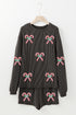 Sequin Candy Cane Ribbed Crew Neck Drop Shoulder Long Sleeve Shorts Set