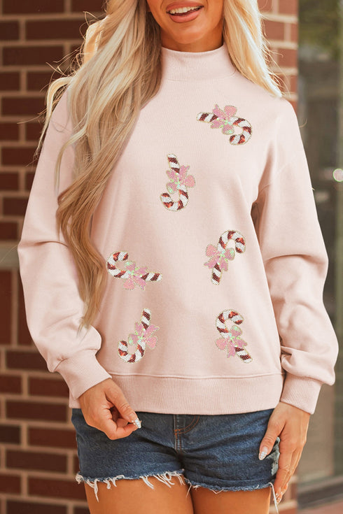 Sequin Candy Cane Ribbed Mock Neck Graphic Sweatshirt