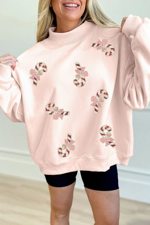 Sequin Candy Cane Ribbed Mock Neck Graphic Sweatshirt
