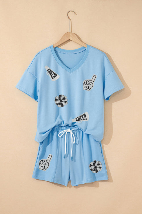 Sequin Cheer Letter Print V Neck Graphic Set