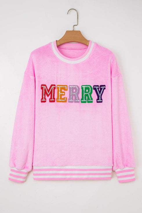 Sequin Chenille Letter Graphic Plush Fleece Pullover