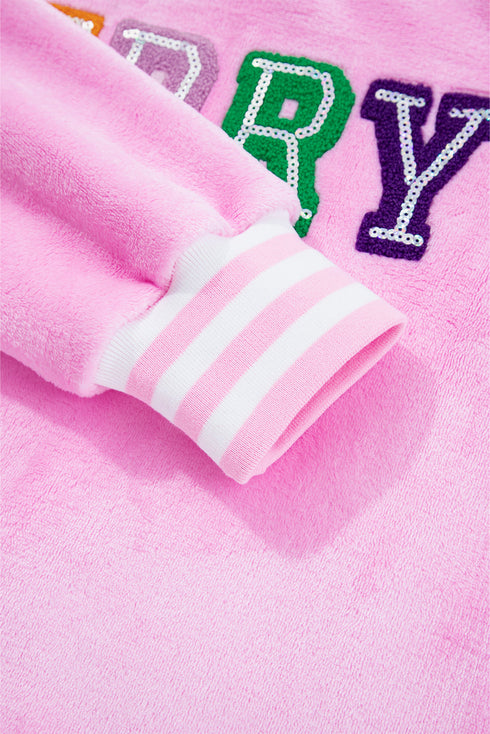 Sequin Chenille Letter Graphic Plush Fleece Pullover