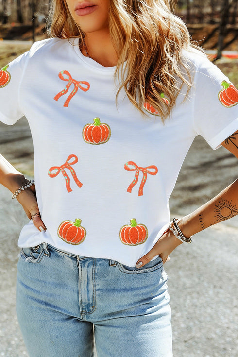 Sequin Chenille Pumpkin Bow Pattern Casual Graphic Tee