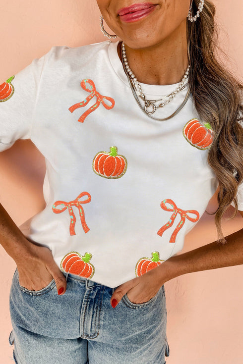 Sequin Chenille Pumpkin Bow Pattern Casual Graphic Tee