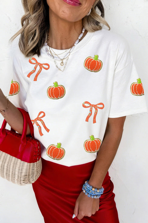 Sequin Chenille Pumpkin Bow Pattern Casual Graphic Tee