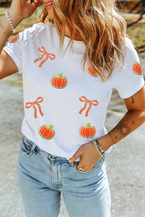 Sequin Chenille Pumpkin Bow Pattern Casual Graphic Tee