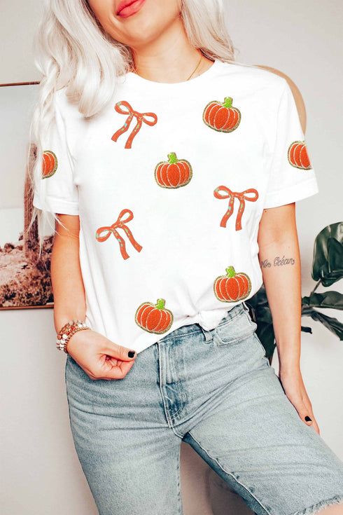 Sequin Chenille Pumpkin Bow Pattern Casual Graphic Tee