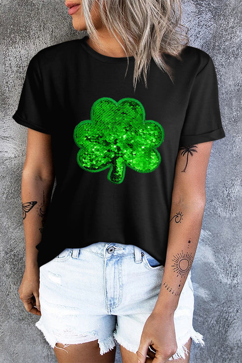 Sequin Clover Graphic Round Neck Short Sleeve Tee