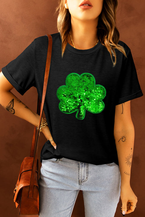 Sequin Clover Graphic Round Neck Short Sleeve Tee