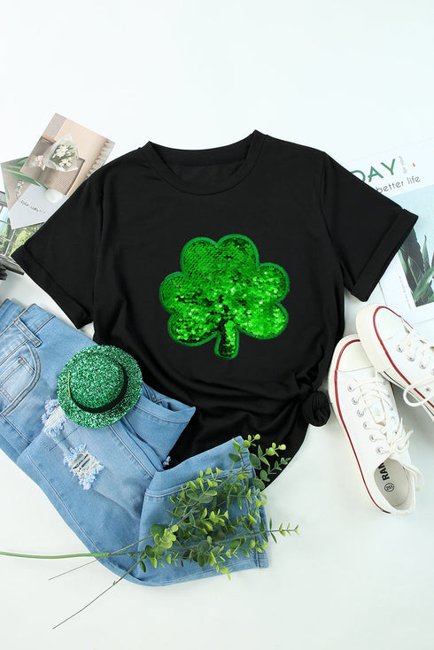 Sequin Clover Graphic Round Neck Short Sleeve Tee