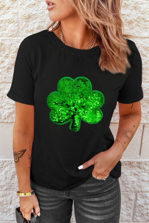 Sequin Clover Graphic Round Neck Short Sleeve Tee