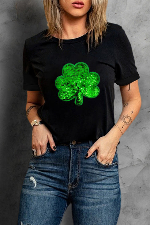 Sequin Clover Graphic Round Neck Short Sleeve Tee