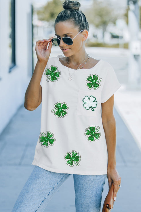 Sequin Clover Patch Pocket Short Sleeve Graphic Tee