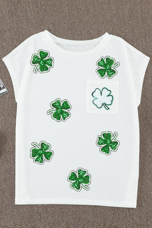 Sequin Clover Patch Pocket Short Sleeve Graphic Tee