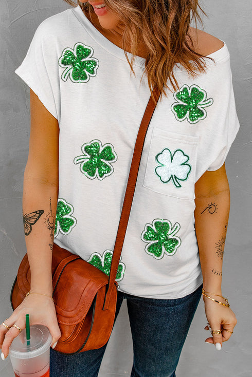 Sequin Clover Patch Pocket Short Sleeve Graphic Tee