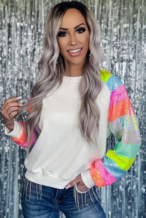 Sequin Color Block Raglan Sleeve Pullover Sweatshirt
