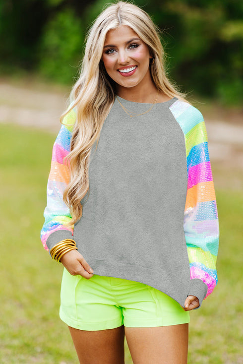 Sequin Color Block Raglan Sleeve Pullover Sweatshirt