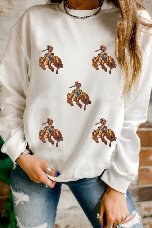 Sequin Cowboy Bronco Patch Crew Neck Sweatshirt