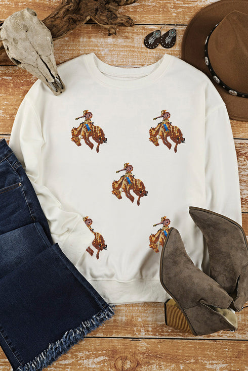 Sequin Cowboy Bronco Patch Crew Neck Sweatshirt