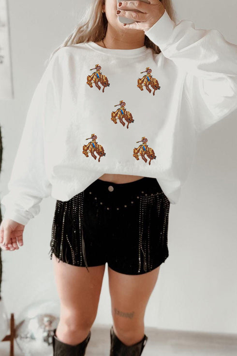 Sequin Cowboy Bronco Patch Crew Neck Sweatshirt