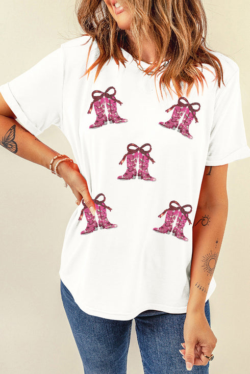 Sequin Cowgirl Boots Bow Repeat Graphic Tee