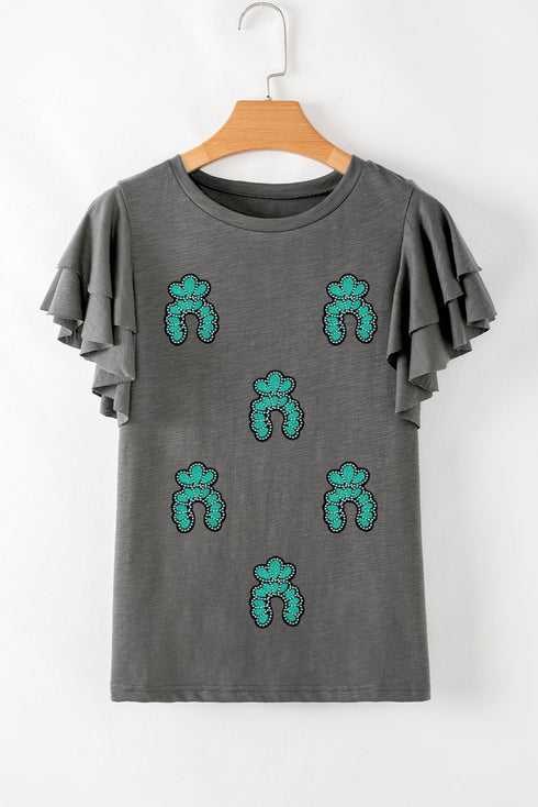 Sequin Cowgirl Graphic Print Ruffle Sleeve Tee