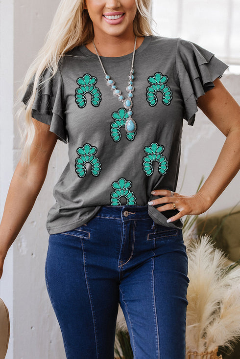 Sequin Cowgirl Graphic Print Ruffle Sleeve Tee