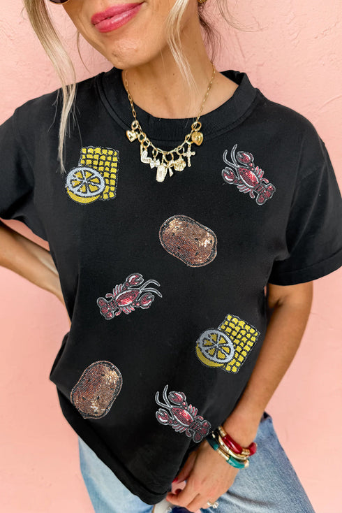 Sequin Crawfish Boil Graphic Crewneck Short Sleeve T Shirt