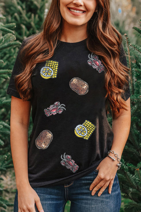Sequin Crawfish Boil Graphic Crewneck Short Sleeve T Shirt