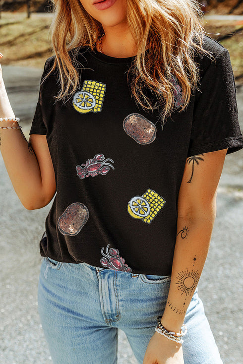 Sequin Crawfish Boil Graphic Crewneck Short Sleeve T Shirt