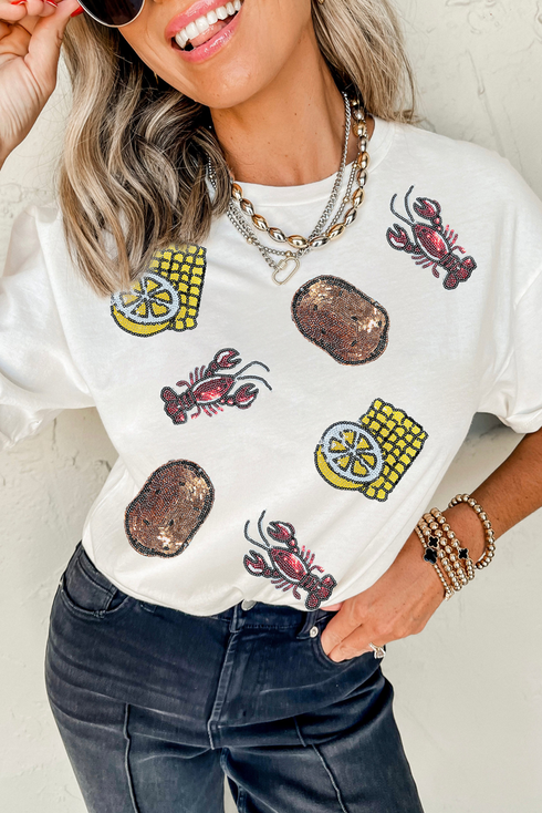 Sequin Crawfish Boil Graphic Crewneck Short Sleeve T Shirt