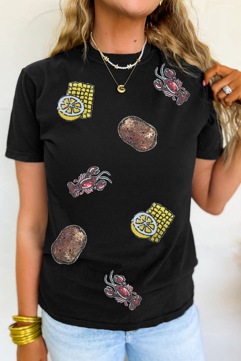 Sequin Crawfish Boil Graphic Crewneck Short Sleeve T Shirt