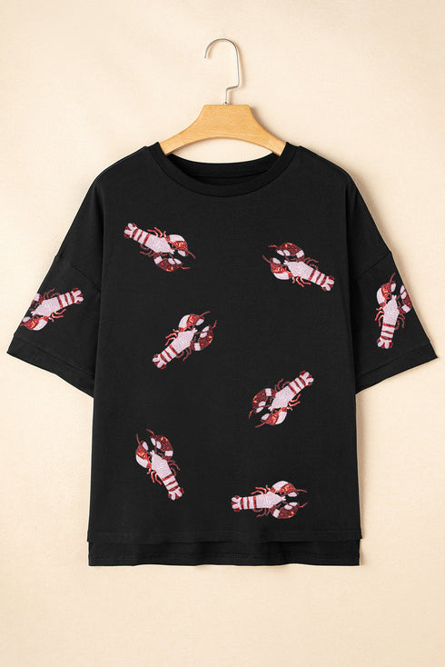 Sequin Crawfish Graphic Drop Sleeve High Low Cotton Tee