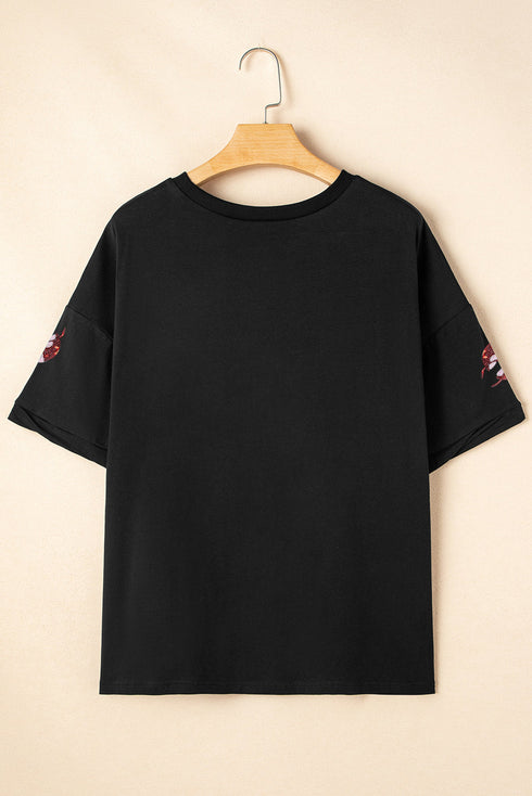 Sequin Crawfish Graphic Drop Sleeve High Low Cotton Tee