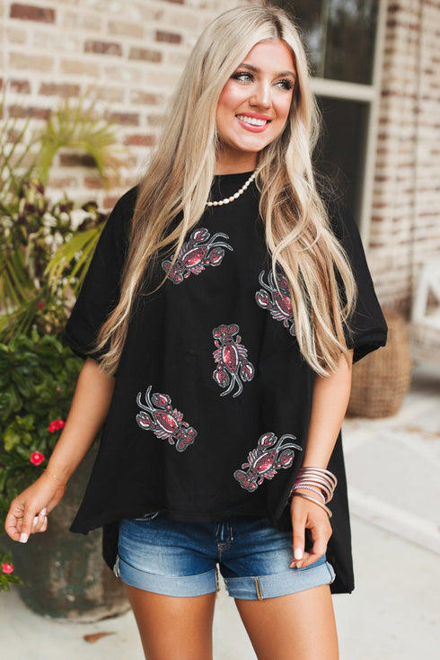 Sequin Crawfish Graphic Short Sleeve High Low Tee