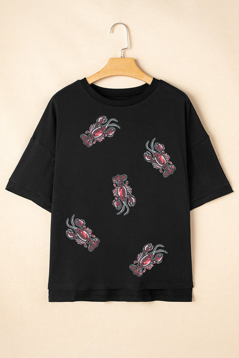 Sequin Crawfish Graphic Short Sleeve High Low Tee