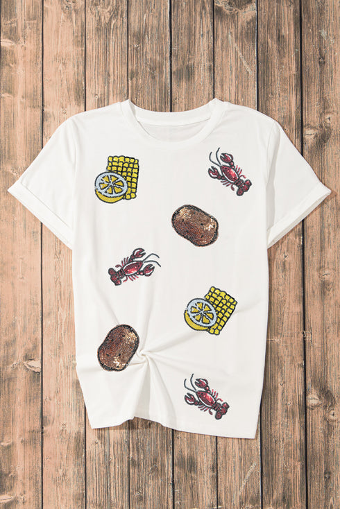 Sequin Crawfish Potato Lemon Corn Graphic Crewneck T Shirt