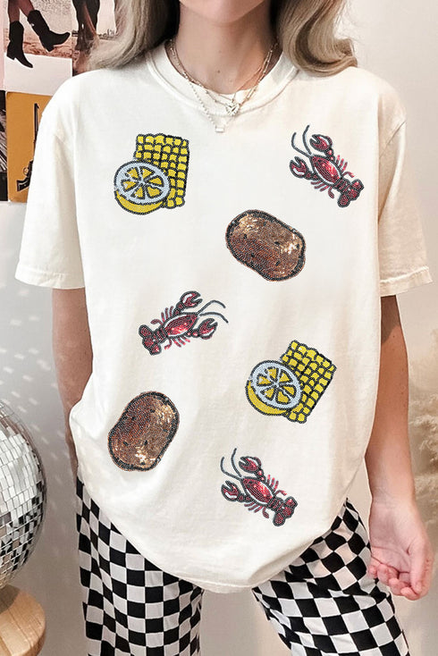 Sequin Crawfish Potato Lemon Corn Graphic Crewneck T Shirt
